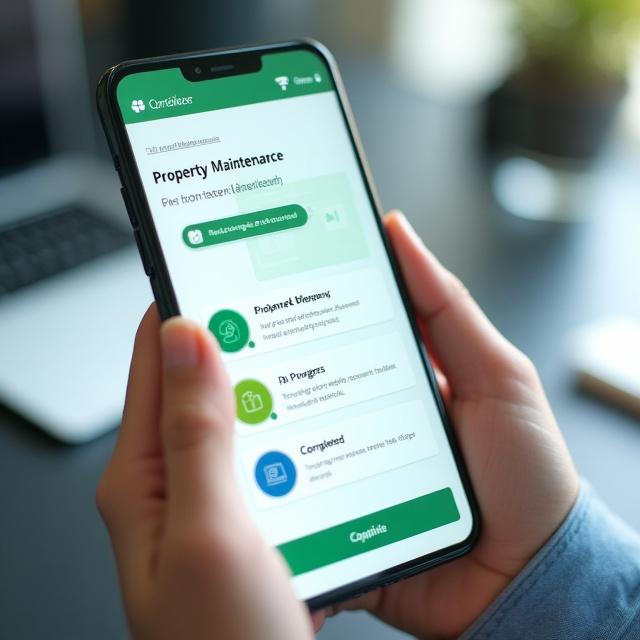 Mobile interface showing maintenance ticket progress and contractor chat